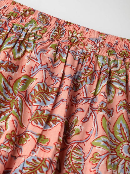 Women's Pink Floral Tiered Skirt With Solid Border