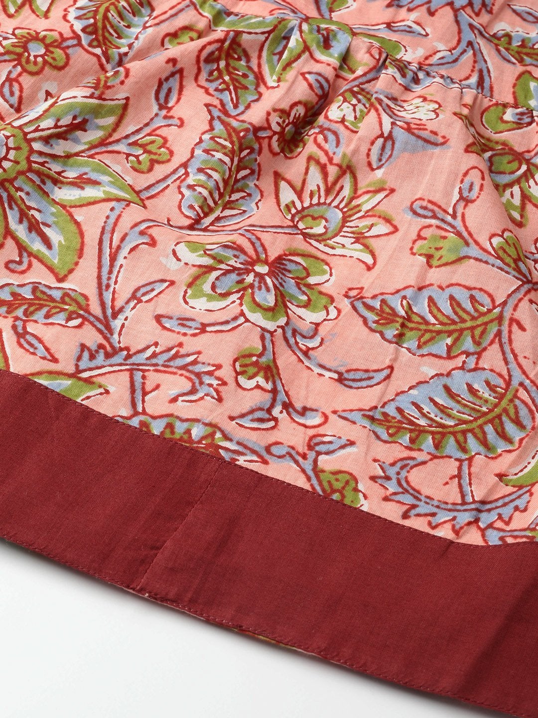 Women's Pink Floral Tiered Skirt With Solid Border