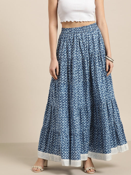 Women's Blue Geo Print Tiered Skirt With Printed Border