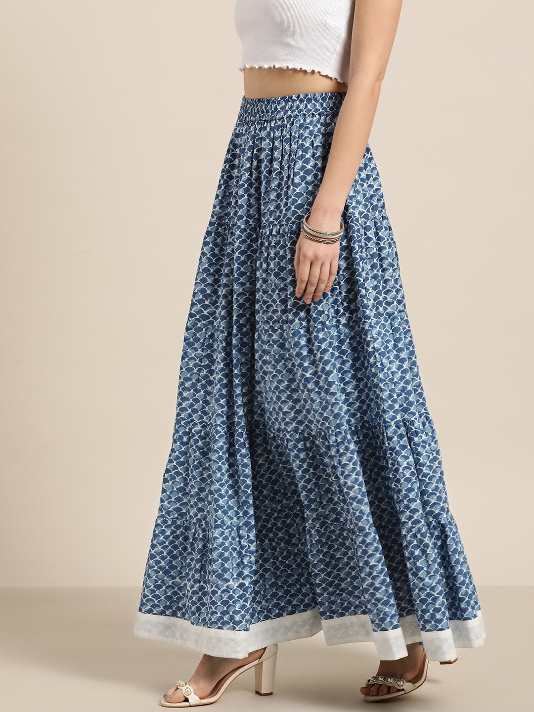 Women's Blue Geo Print Tiered Skirt With Printed Border