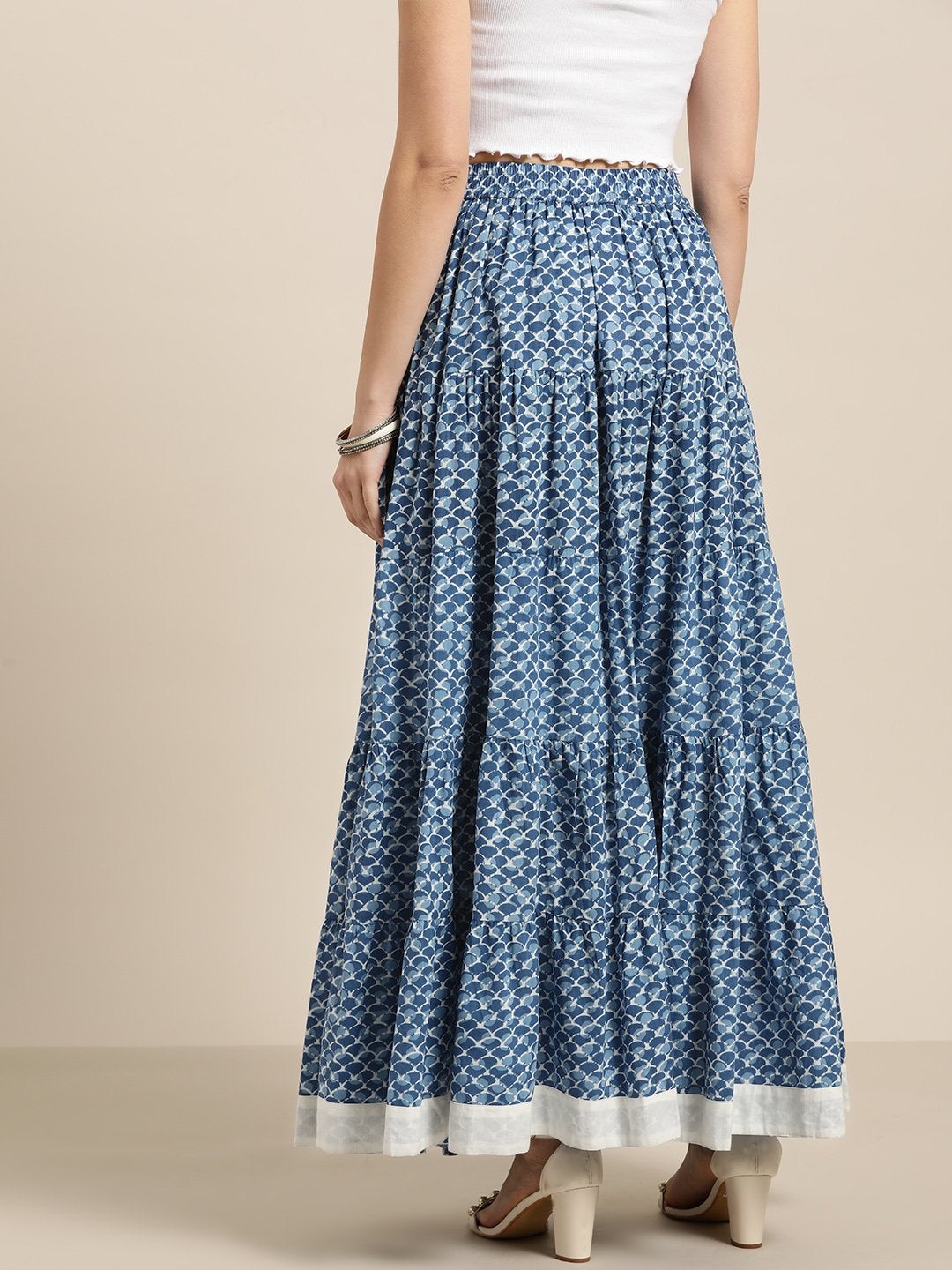 Women's Blue Geo Print Tiered Skirt With Printed Border