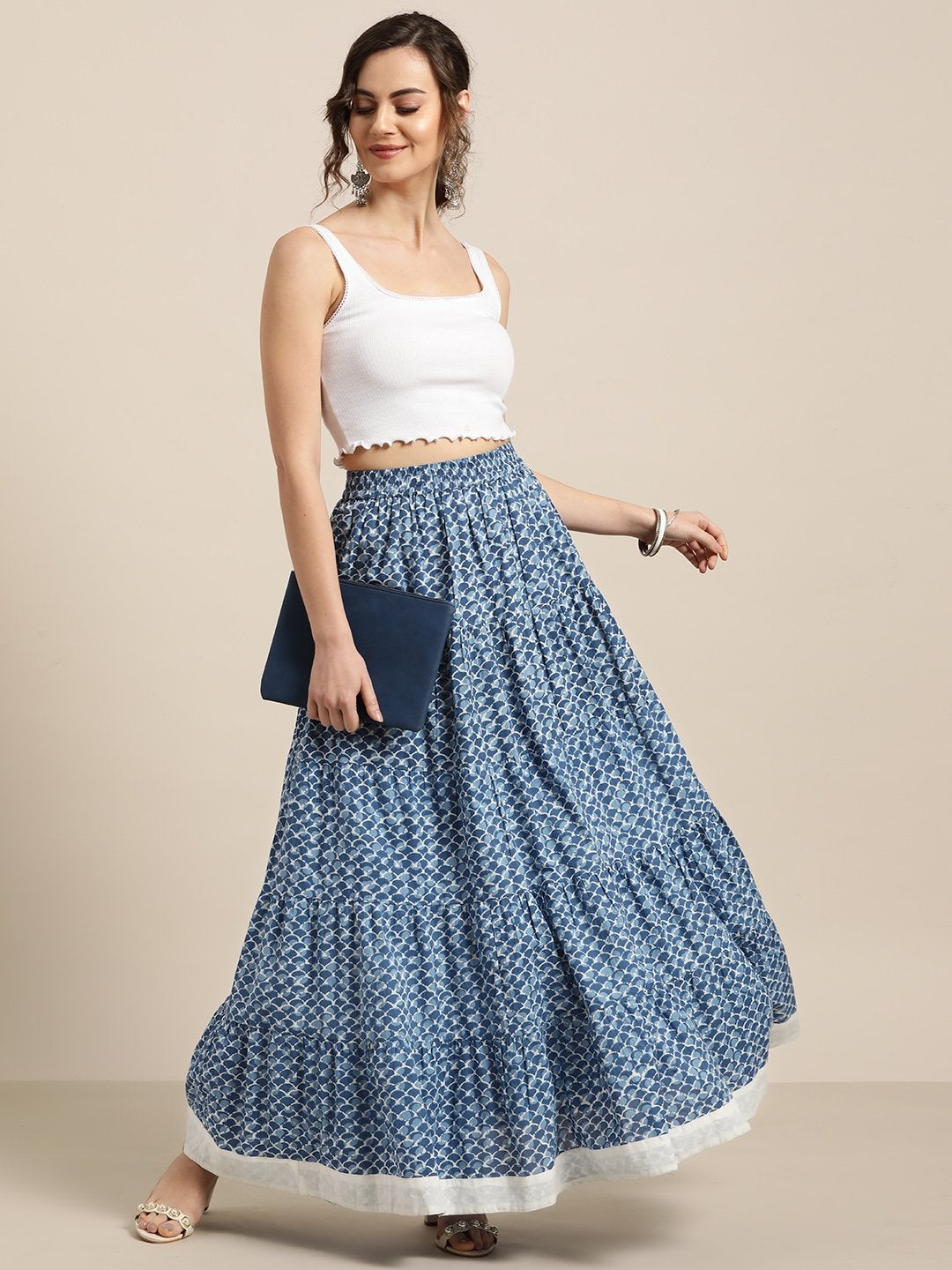 Women's Blue Geo Print Tiered Skirt With Printed Border