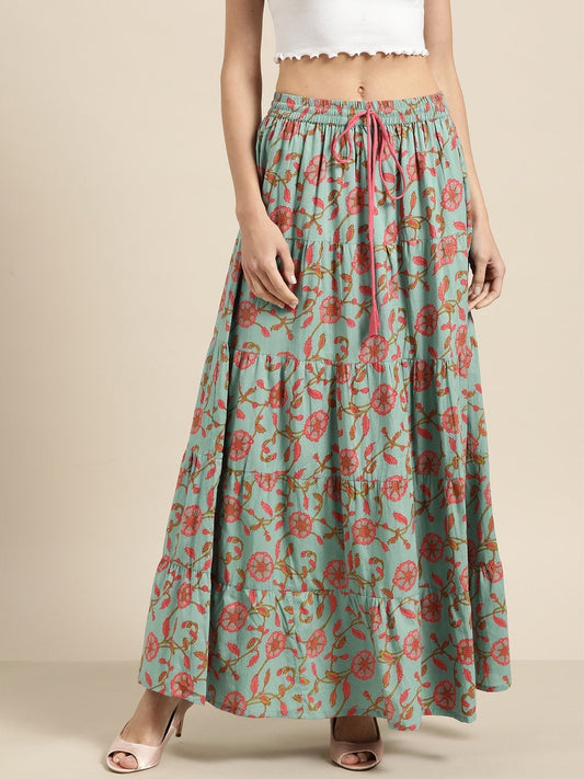Women's Teal Blue Floral Tiered Skirt