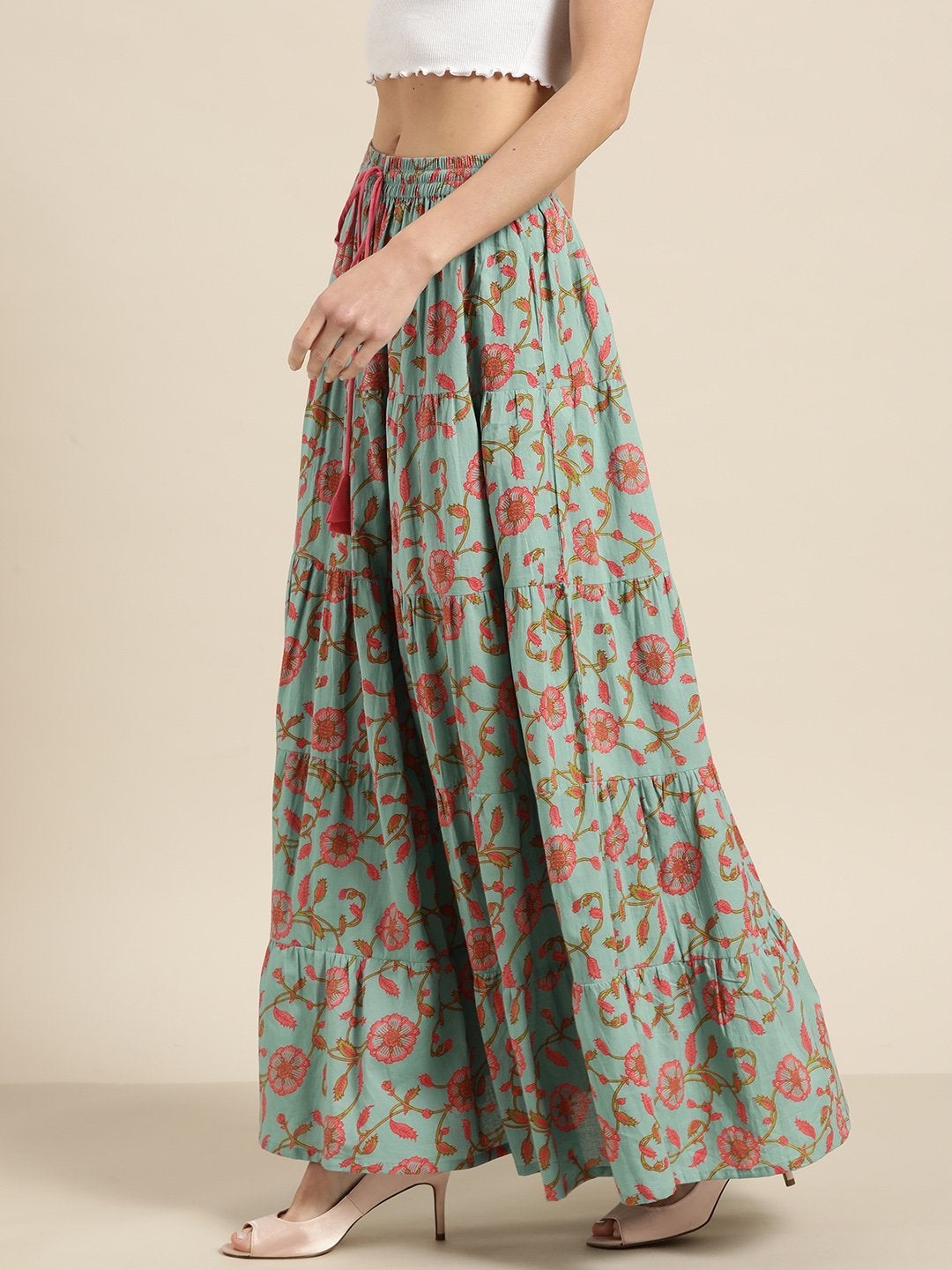 Women's Teal Blue Floral Tiered Skirt