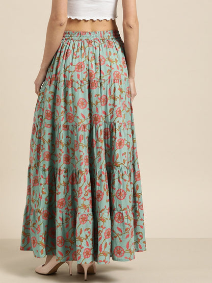 Women's Teal Blue Floral Tiered Skirt