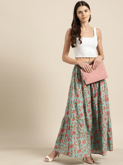 Women's Teal Blue Floral Tiered Skirt