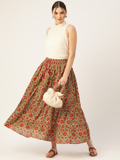 Women's Grey Floral Tiered Skirt
