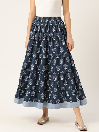 Women's Navy Lotus Floral Contrast Border Tiered Skirt