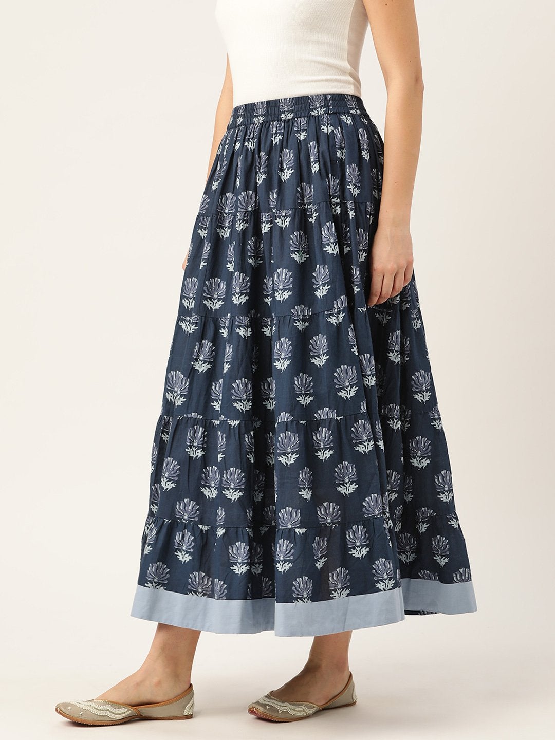 Women's Navy Lotus Floral Contrast Border Tiered Skirt