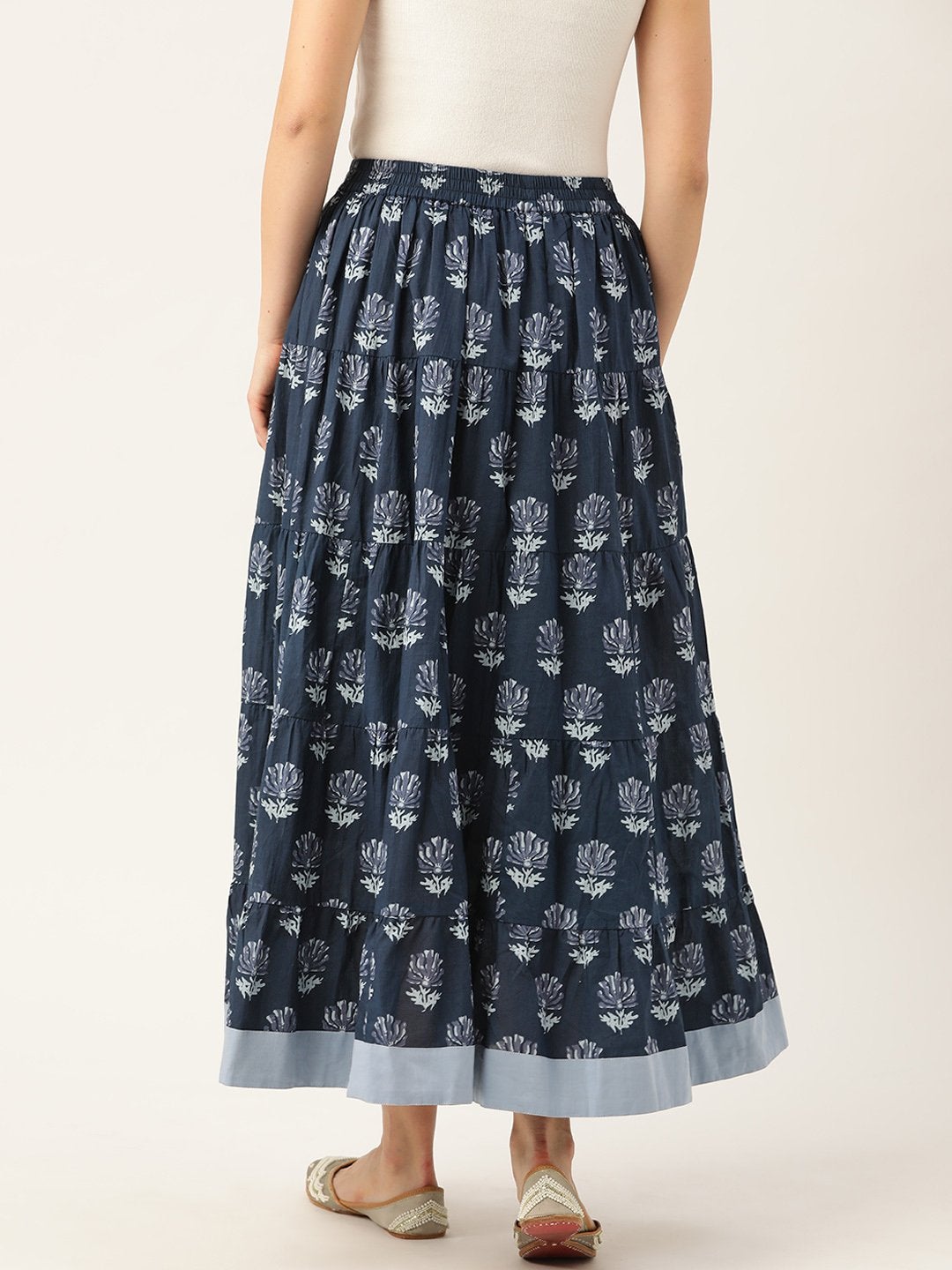 Women's Navy Lotus Floral Contrast Border Tiered Skirt