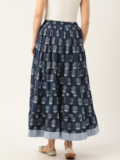 Women's Navy Lotus Floral Contrast Border Tiered Skirt