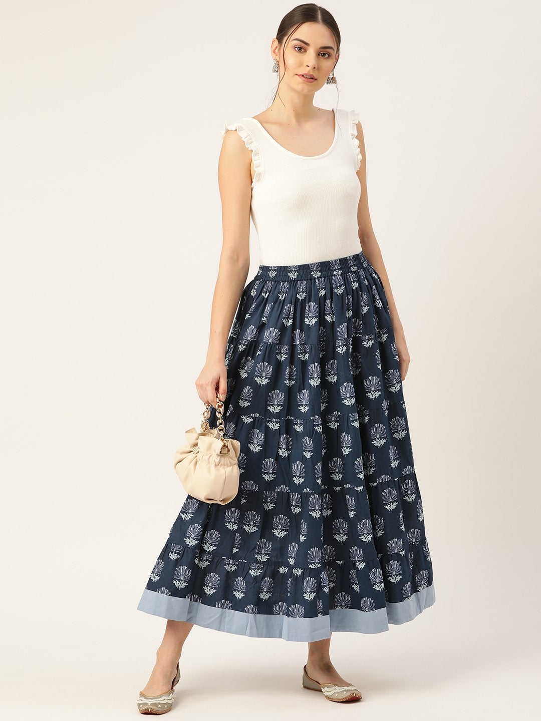 Women's Navy Lotus Floral Contrast Border Tiered Skirt