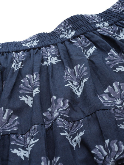 Women's Navy Lotus Floral Contrast Border Tiered Skirt