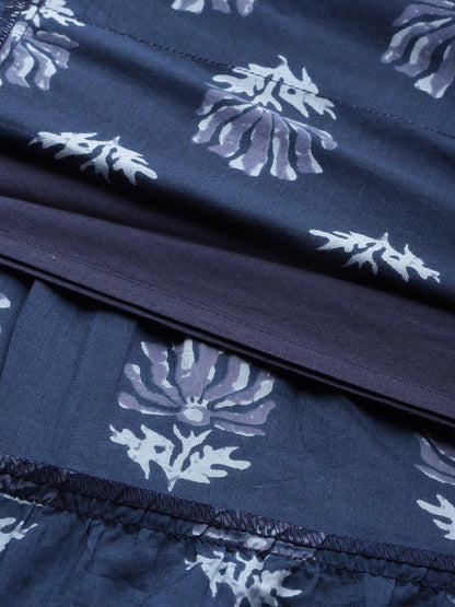 Women's Navy Lotus Floral Contrast Border Tiered Skirt