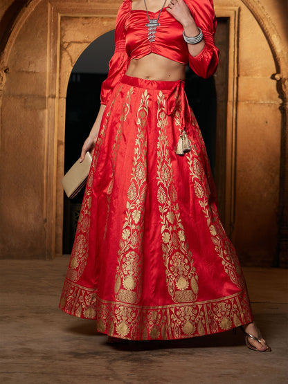 Women's Orange Foil Print Anarkali Skirt