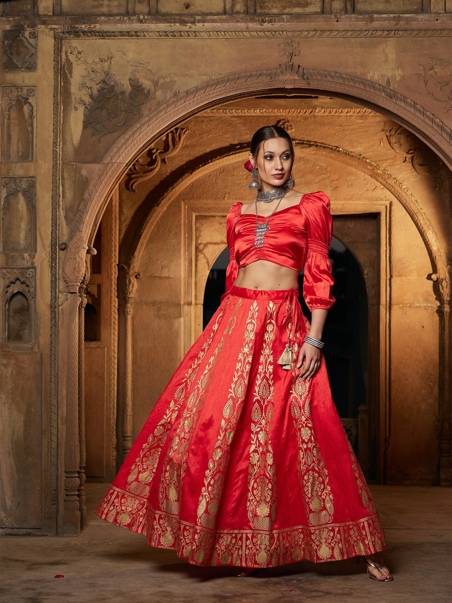 Women's Orange Foil Print Anarkali Skirt