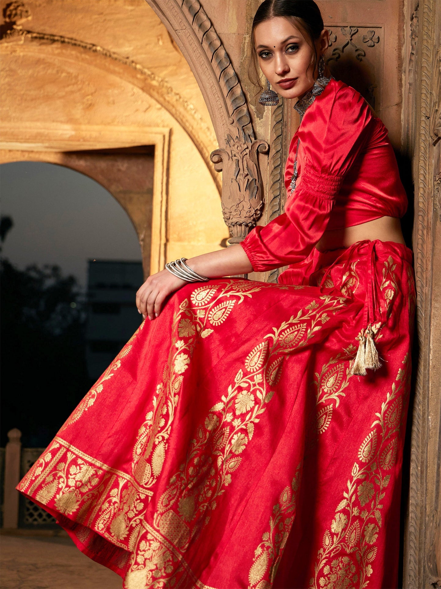 Women's Orange Foil Print Anarkali Skirt