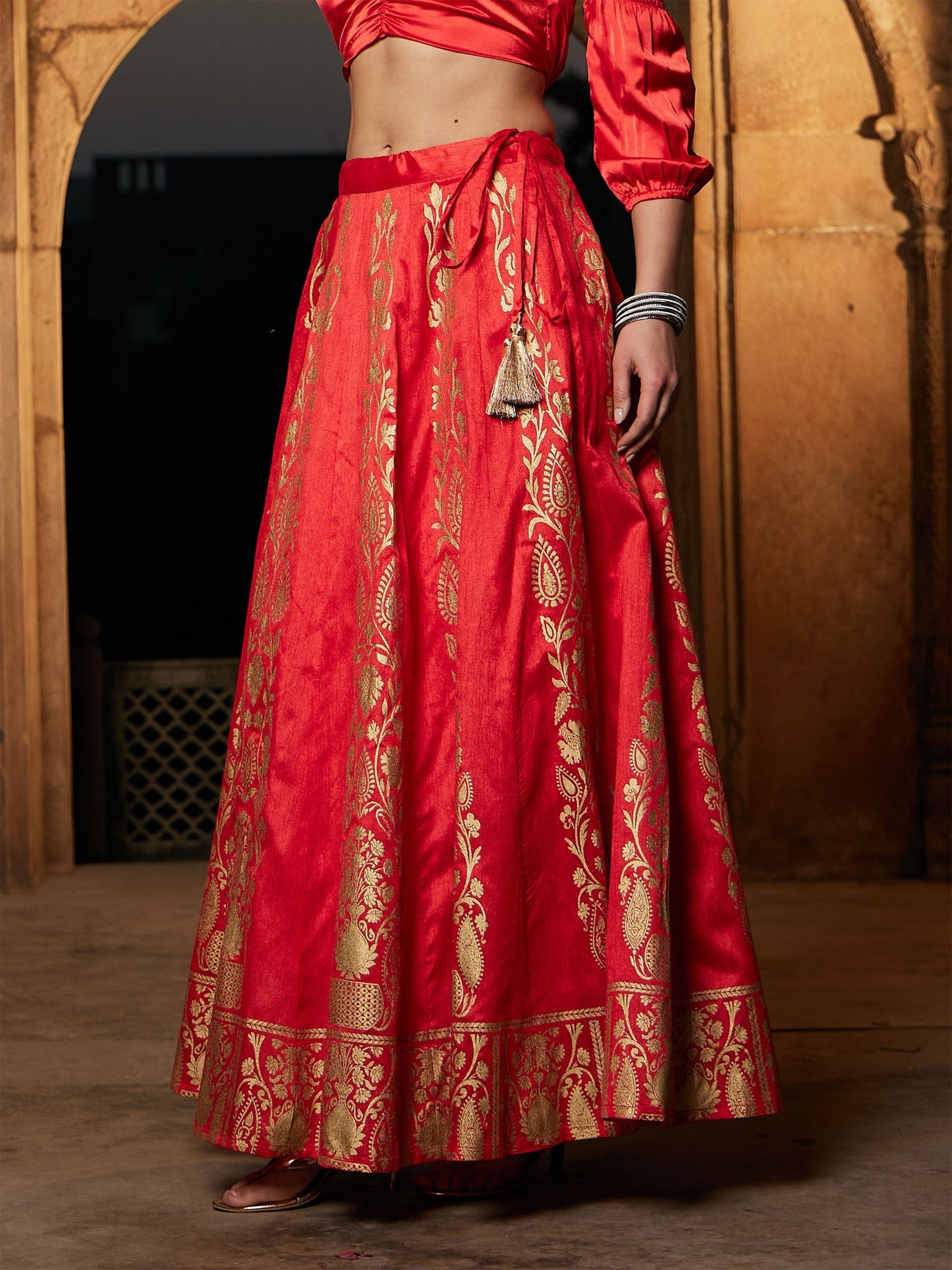 Women's Orange Foil Print Anarkali Skirt