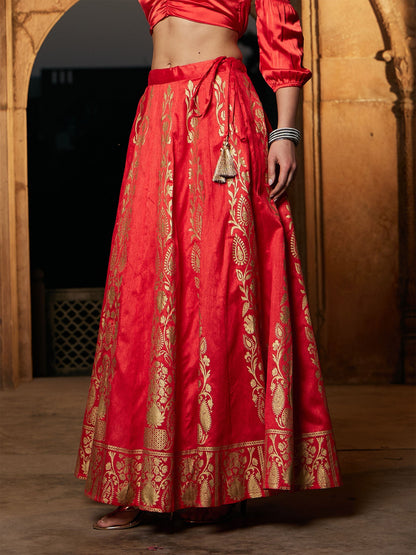 Women's Orange Foil Print Anarkali Skirt
