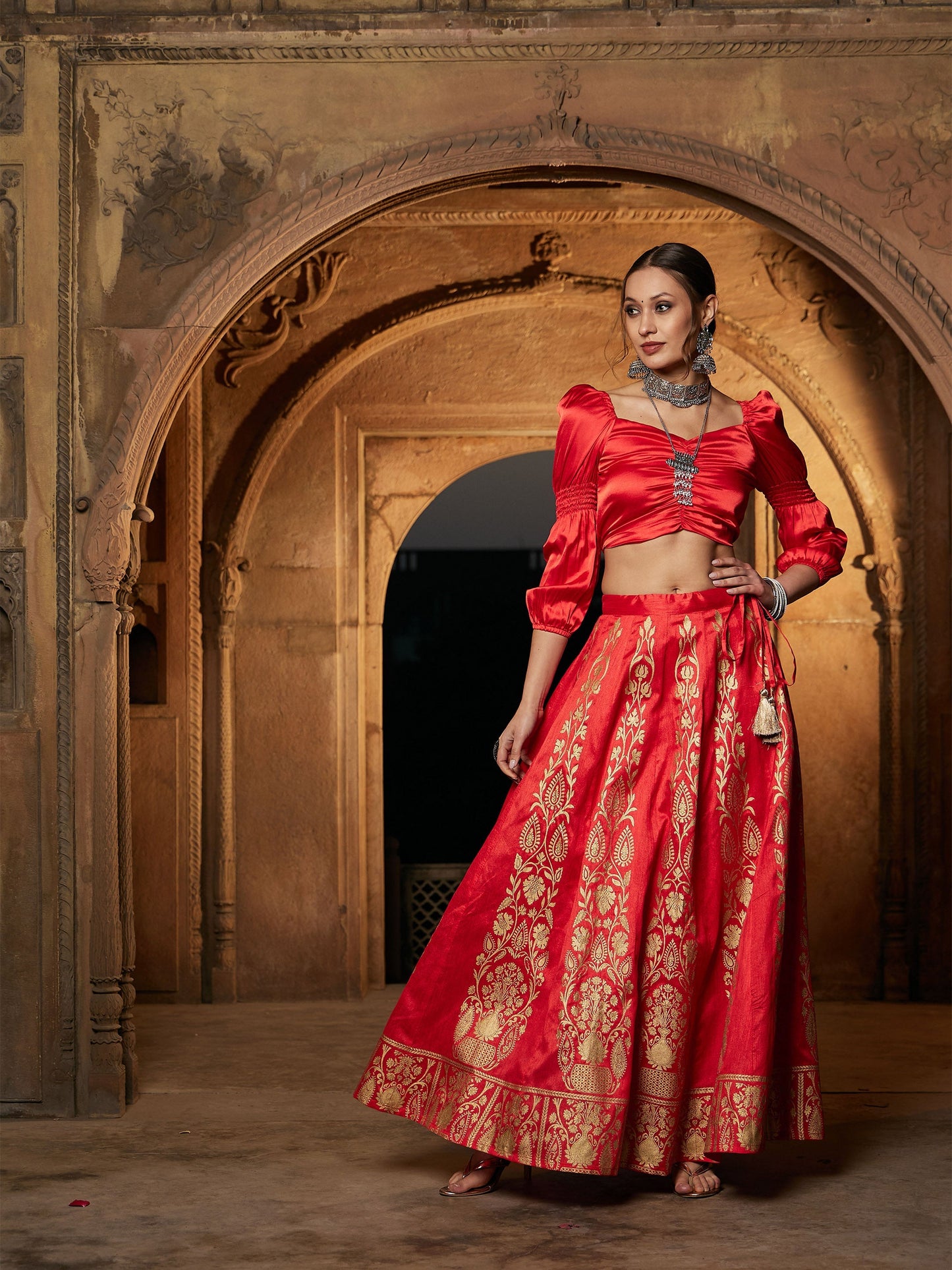 Women's Orange Foil Print Anarkali Skirt