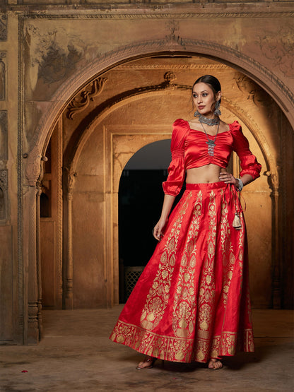 Women's Orange Foil Print Anarkali Skirt