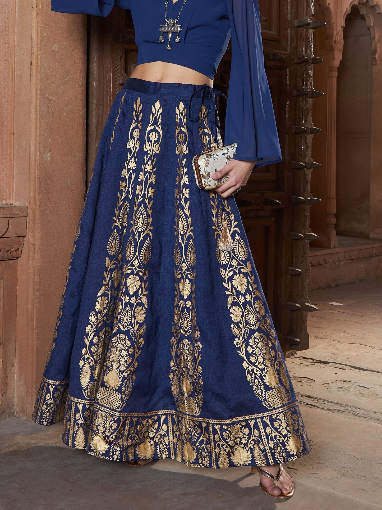 Women's Navy Floral Foil Print Anarkali Skirt