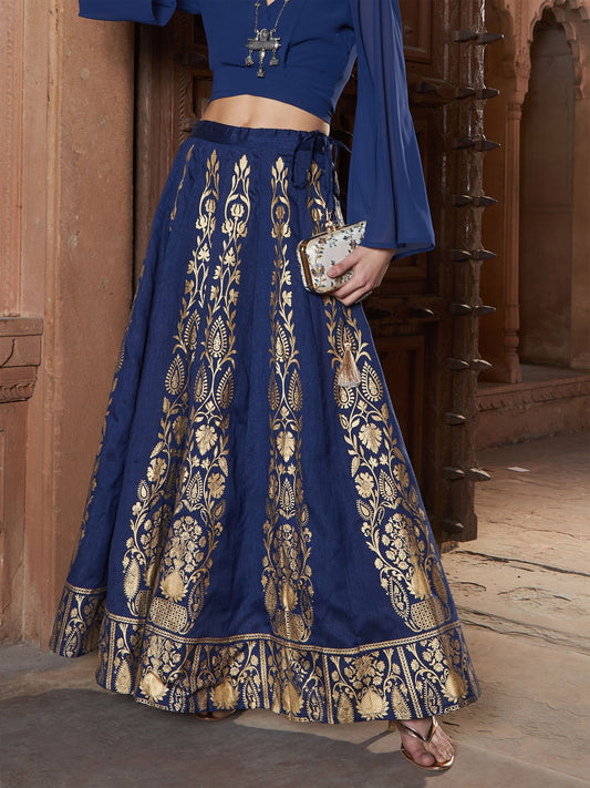 Women's Navy Floral Foil Print Anarkali Skirt