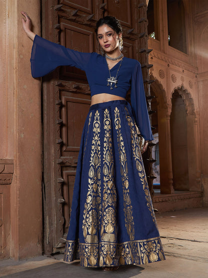 Women's Navy Floral Foil Print Anarkali Skirt