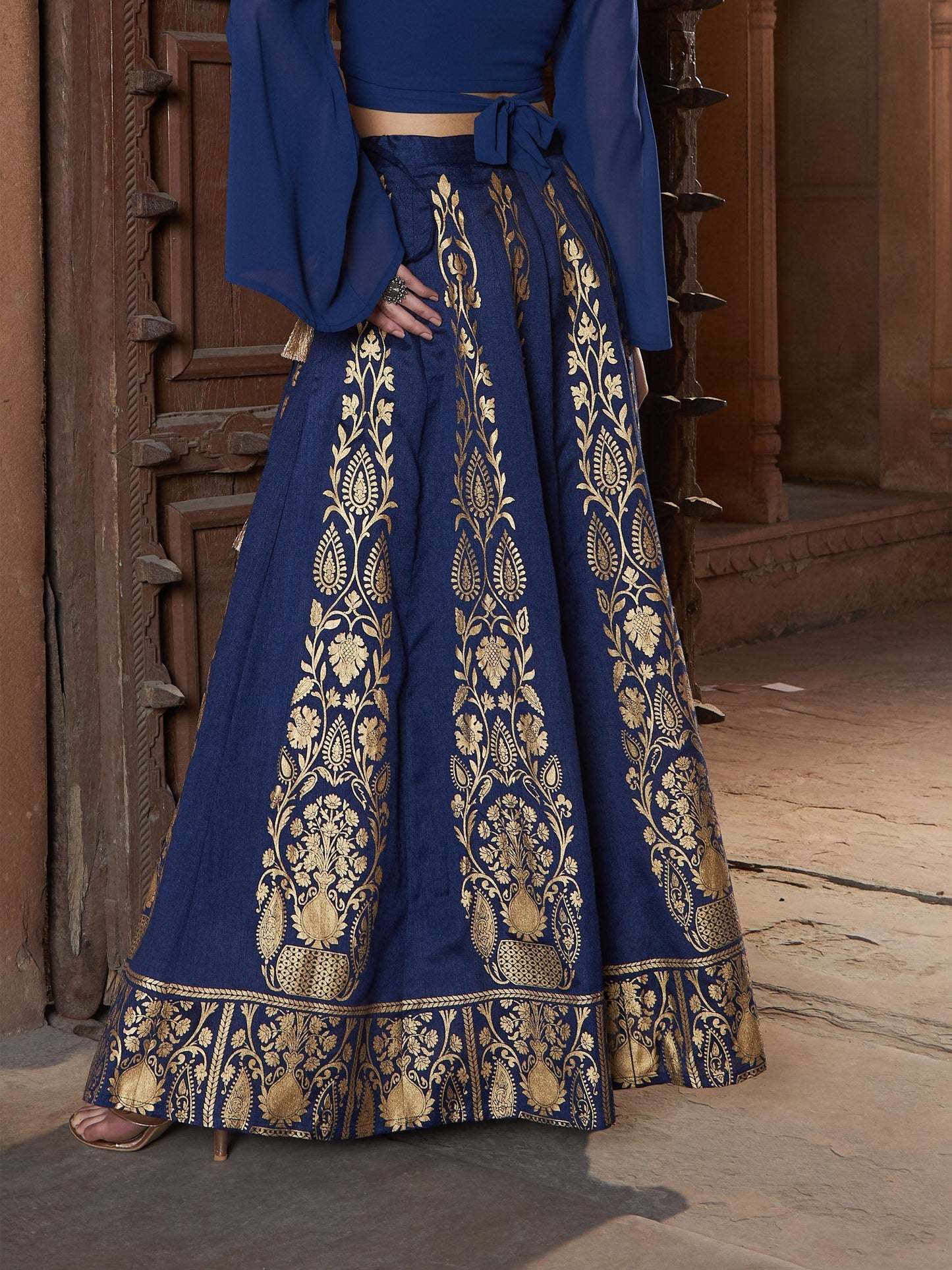 Women's Navy Floral Foil Print Anarkali Skirt