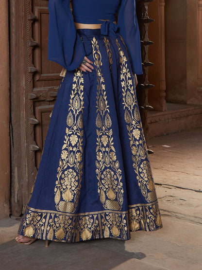 Women's Navy Floral Foil Print Anarkali Skirt