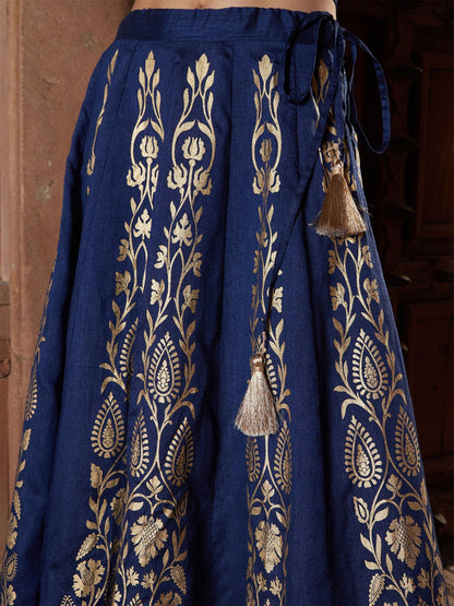 Women's Navy Floral Foil Print Anarkali Skirt