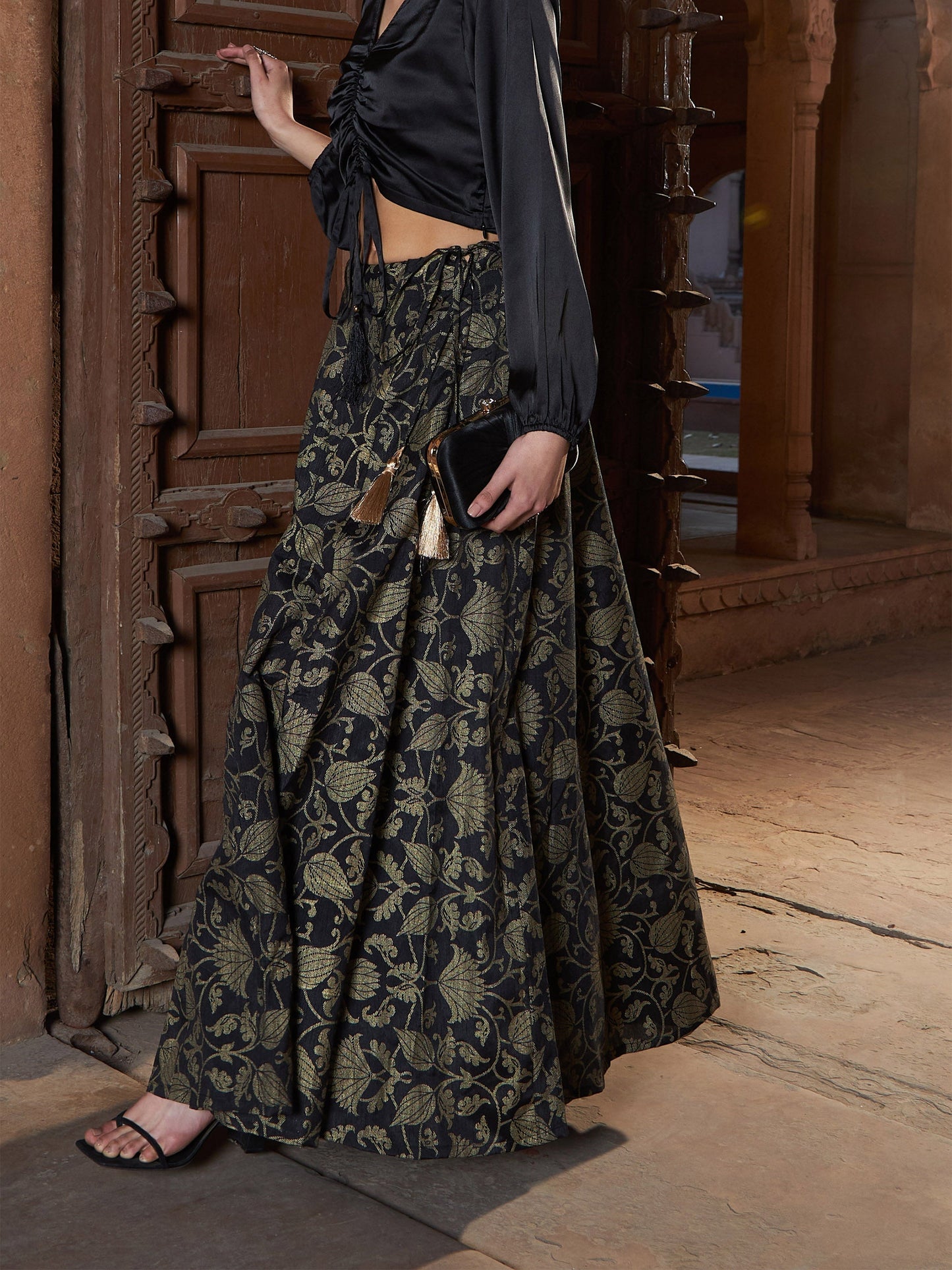 Women's Black Brocade Jacquard Anarkali Skirt