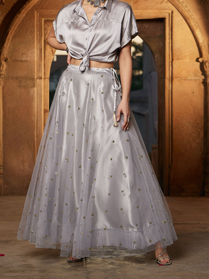 Women's Grey Tulle Sequin Anarkali Skirt