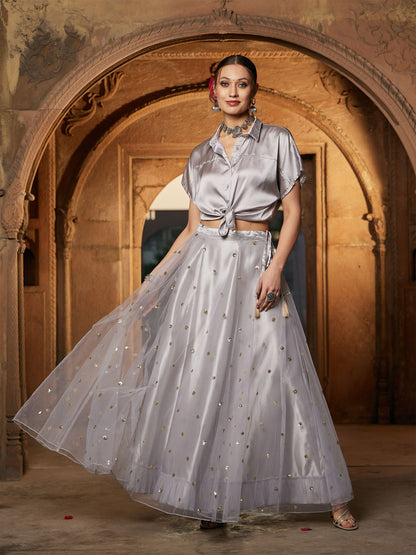Women's Grey Tulle Sequin Anarkali Skirt