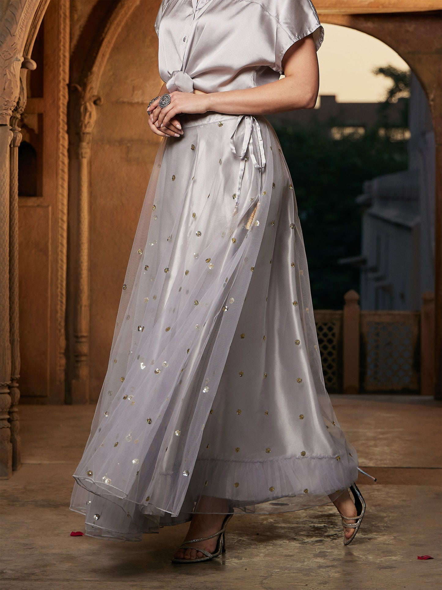 Women's Grey Tulle Sequin Anarkali Skirt