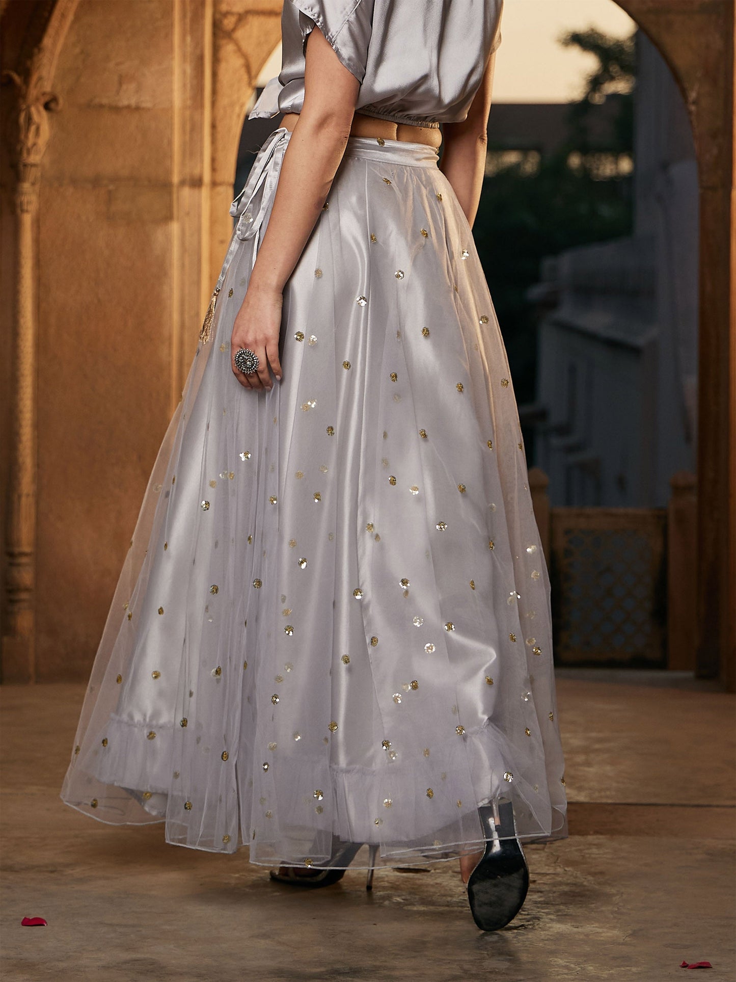Women's Grey Tulle Sequin Anarkali Skirt
