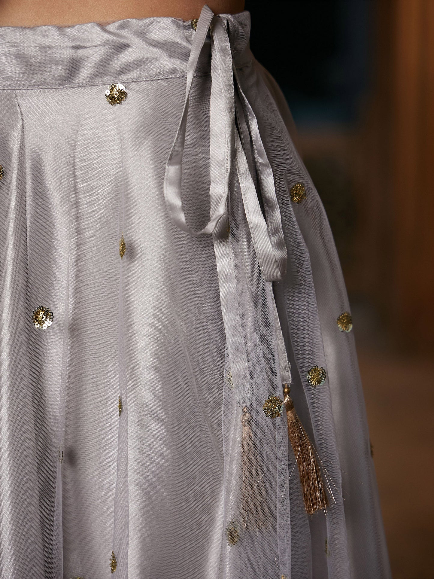 Women's Grey Tulle Sequin Anarkali Skirt