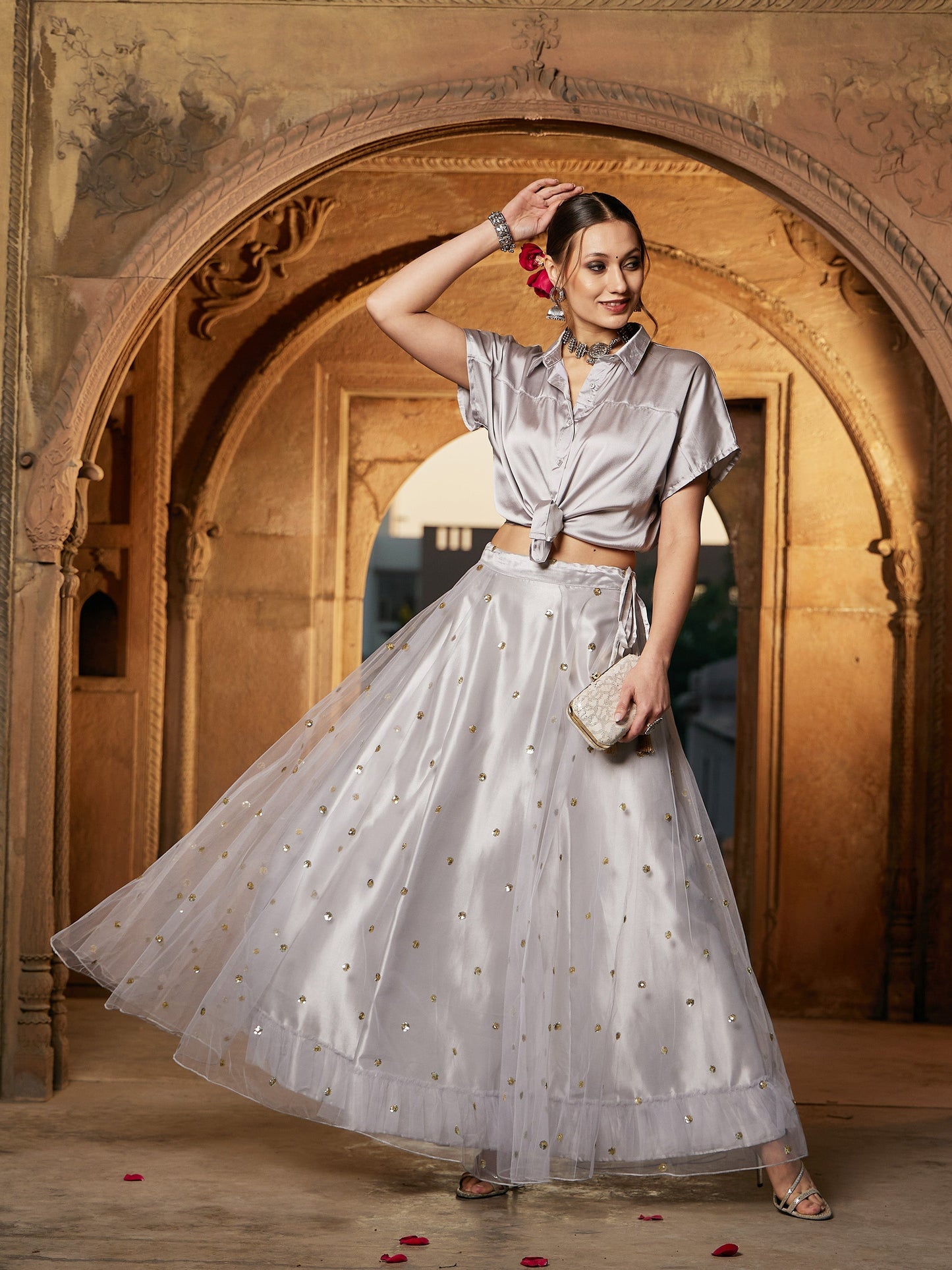 Women's Grey Tulle Sequin Anarkali Skirt