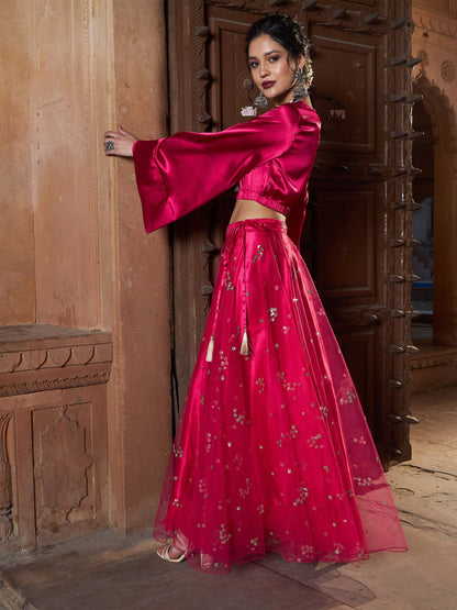 Women's Fuchsia Tulle Sequin Bias Flare Anarkali Skirt