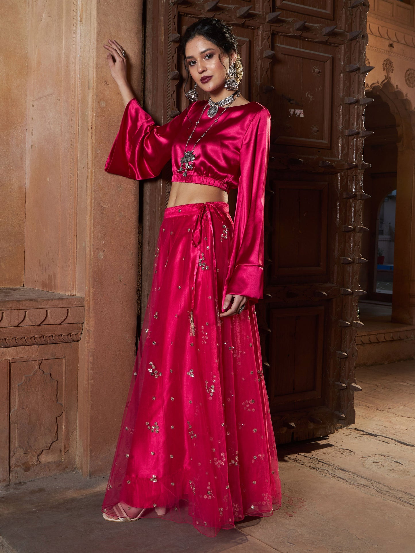 Women's Fuchsia Tulle Sequin Bias Flare Anarkali Skirt