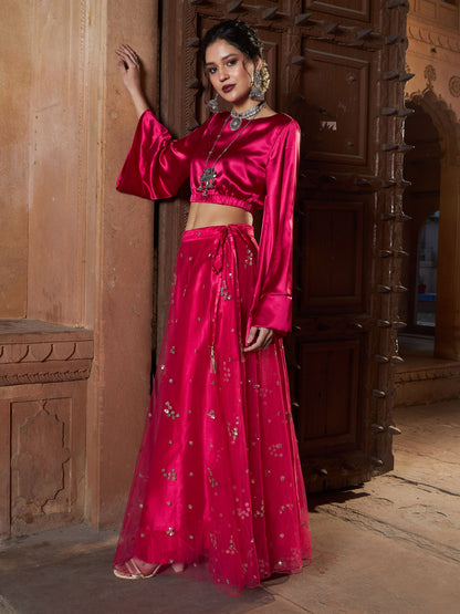 Women's Fuchsia Tulle Sequin Bias Flare Anarkali Skirt