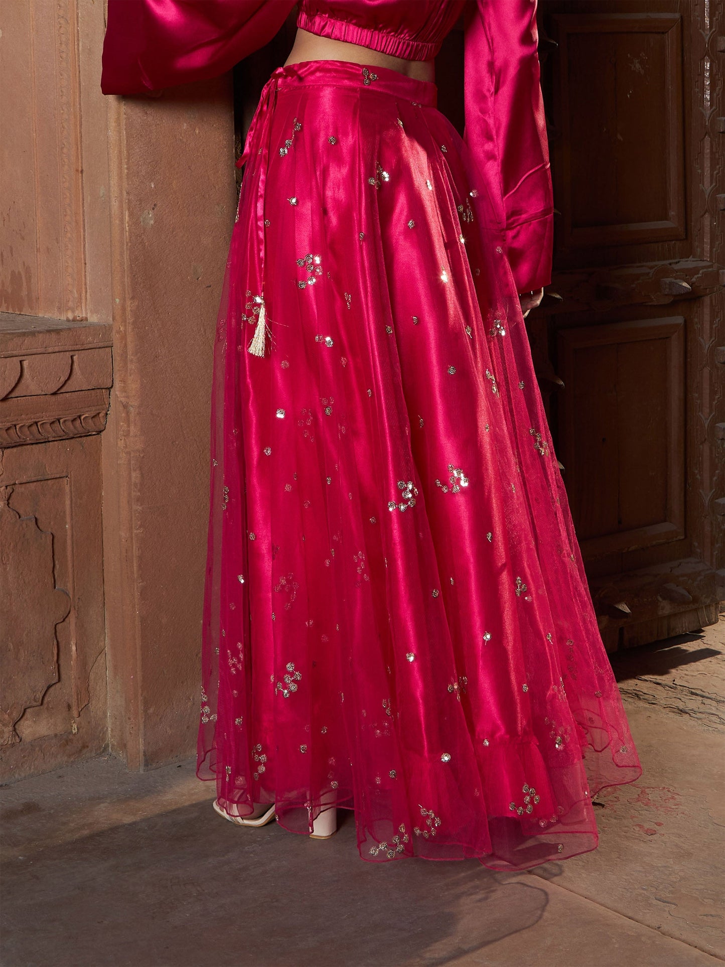 Women's Fuchsia Tulle Sequin Bias Flare Anarkali Skirt