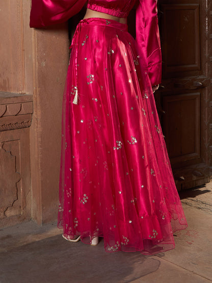 Women's Fuchsia Tulle Sequin Bias Flare Anarkali Skirt