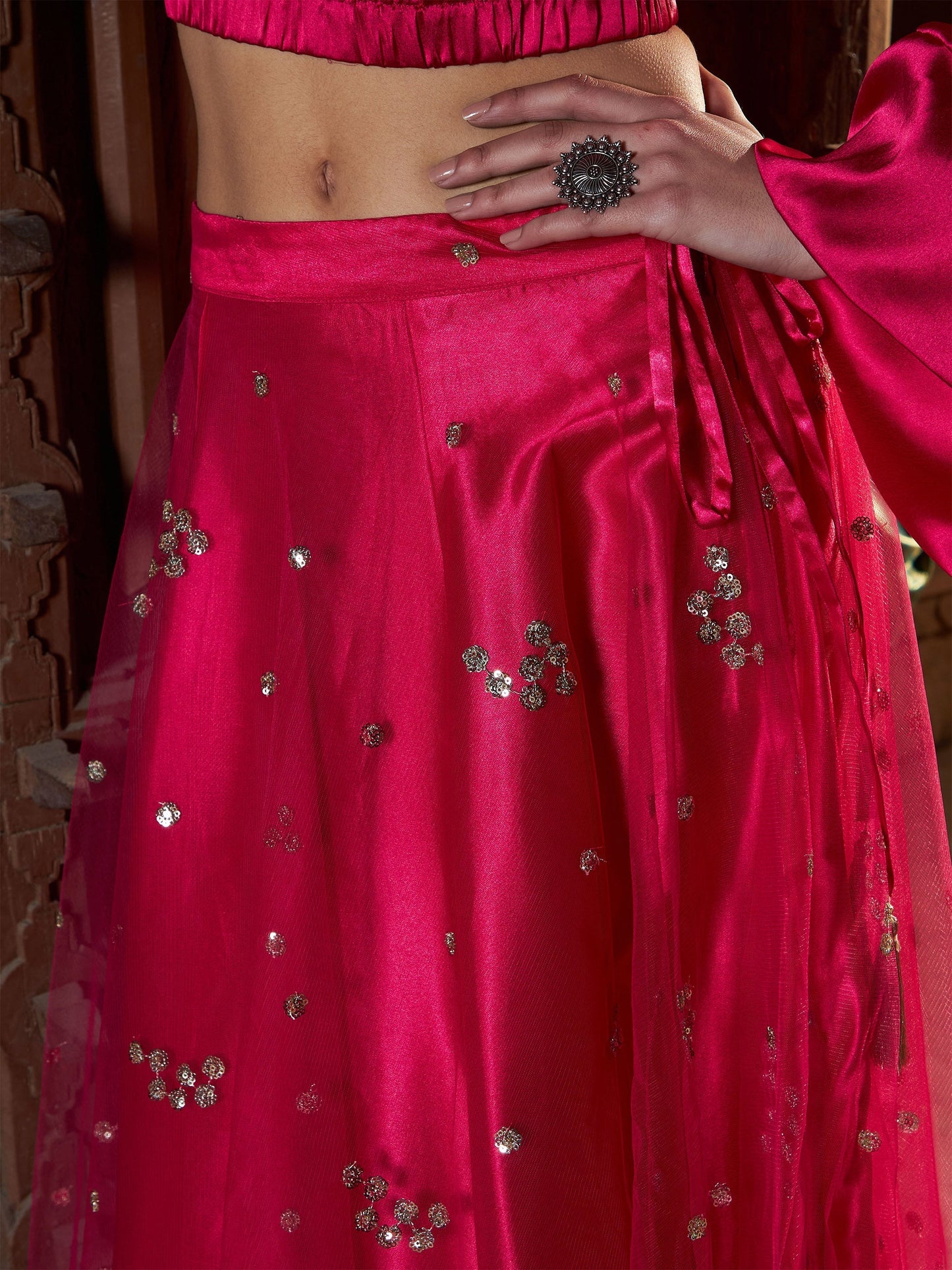Women's Fuchsia Tulle Sequin Bias Flare Anarkali Skirt
