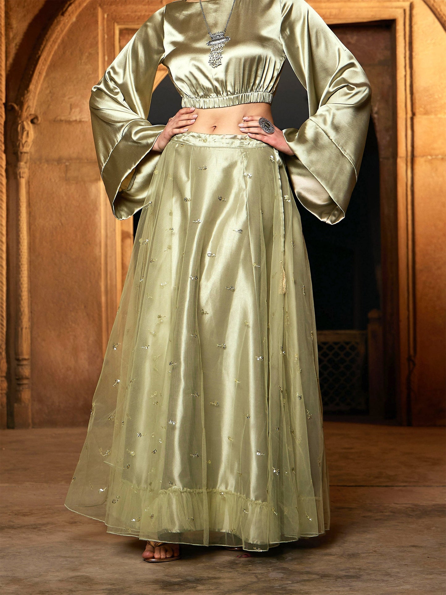 Women's Olive Tulle Sequin Anarkali Skirt
