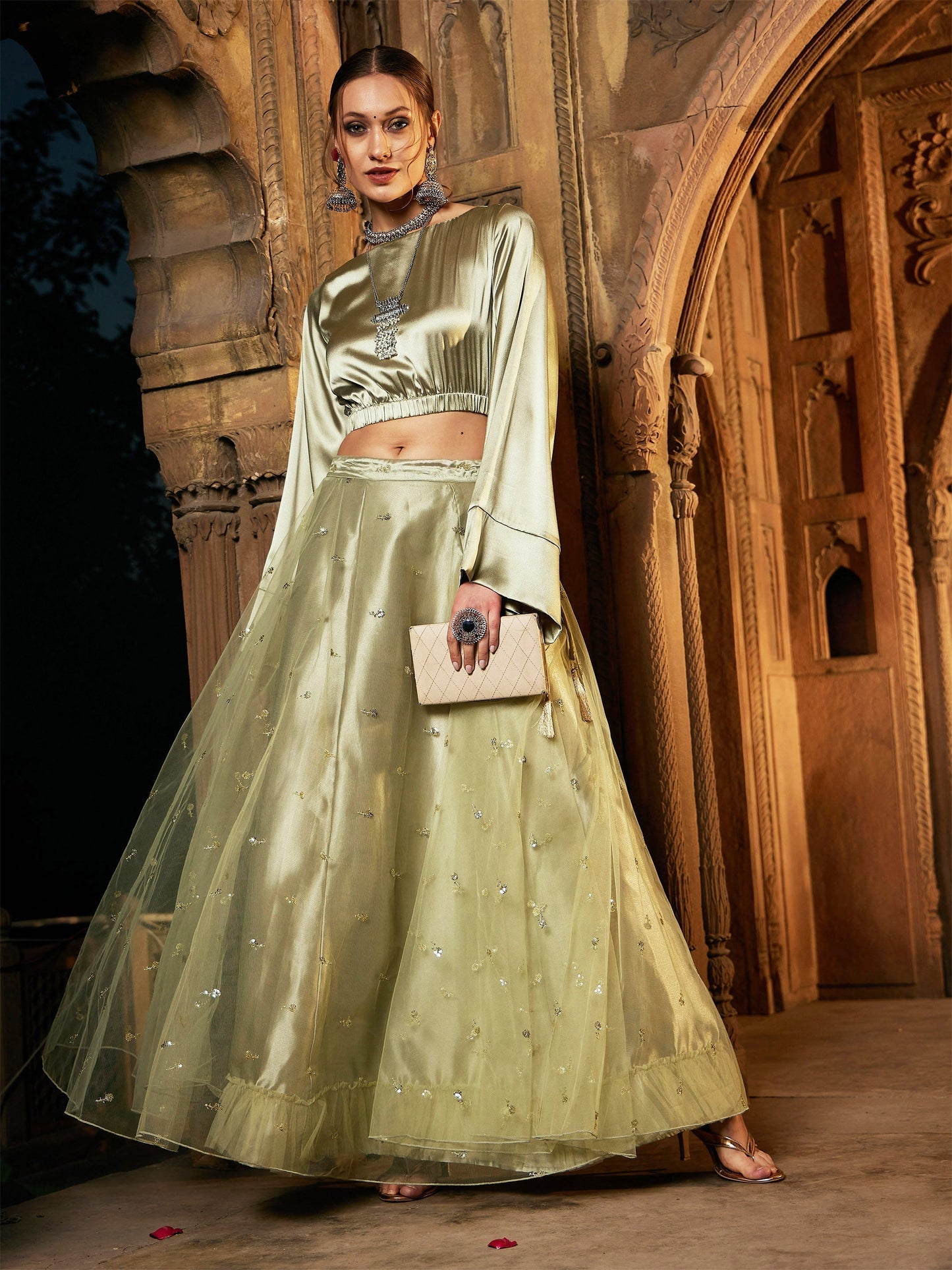 Women's Olive Tulle Sequin Anarkali Skirt