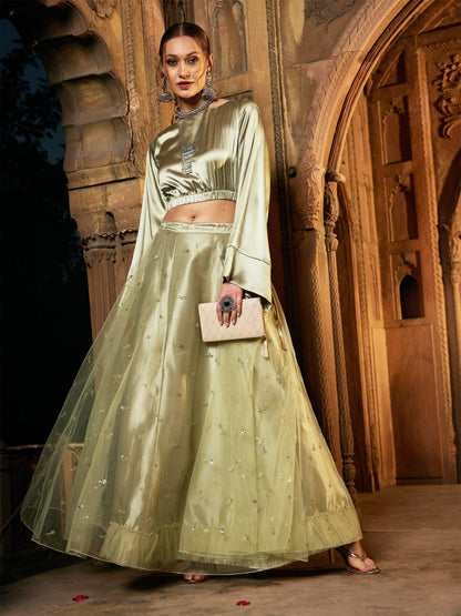 Women's Olive Tulle Sequin Anarkali Skirt