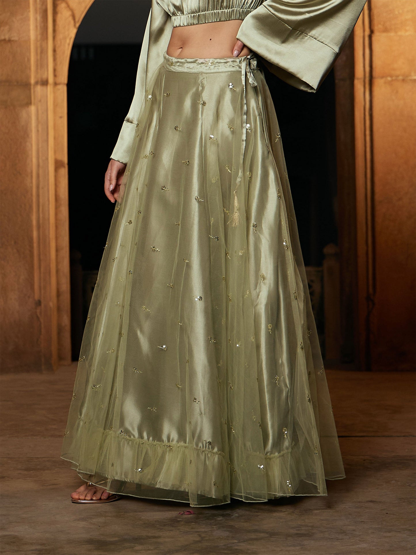 Women's Olive Tulle Sequin Anarkali Skirt