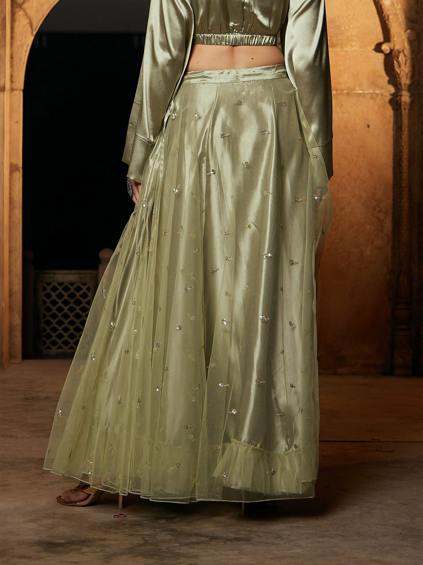 Women's Olive Tulle Sequin Anarkali Skirt