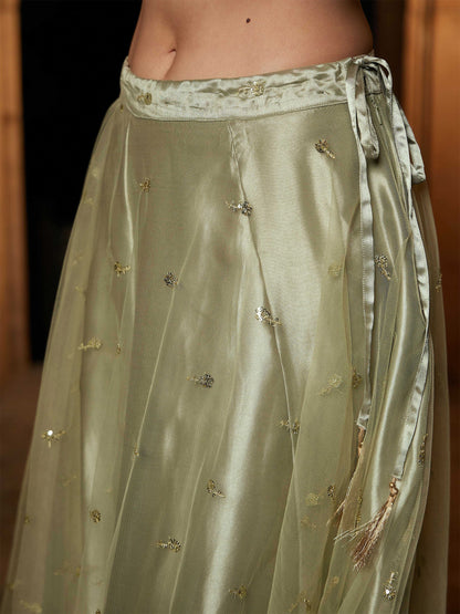 Women's Olive Tulle Sequin Anarkali Skirt